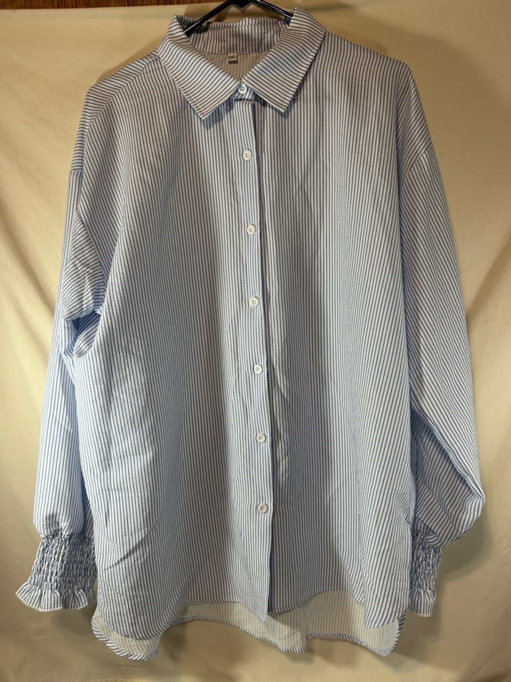 Woman’s Classic Blue Striped Button-Down Long Ruffle Sleeve Shirt